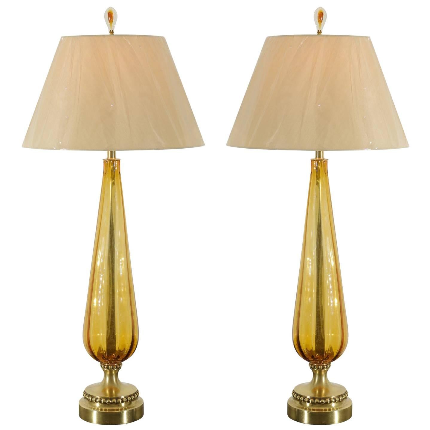 Unusual Pair of Vintage Amber Murano and Brass Lamps