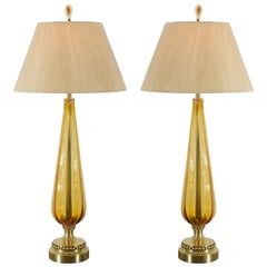 Unusual Pair of Vintage Amber Murano and Brass Lamps