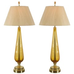 Unusual Pair of Vintage Amber Murano and Brass Lamps