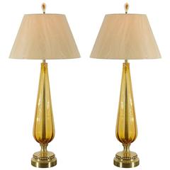 Unusual Pair of Vintage Amber Murano and Brass Lamps 12