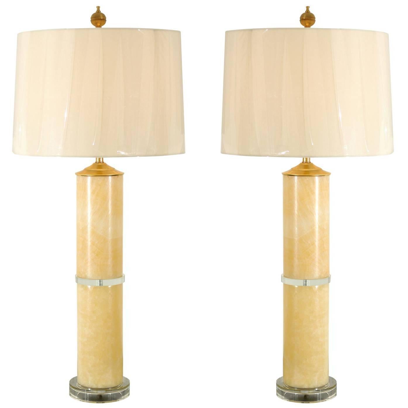 Pair of Large-Scale Marble Cylinder Lamps with Brass and Glass Accents