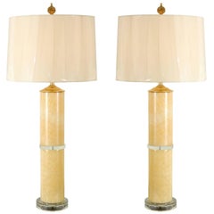 Pair of Large-Scale Marble Cylinder Lamps with Brass and Glass Accents