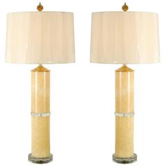 Pair of Large-Scale Marble Cylinder Lamps with Brass and Glass Accents 7