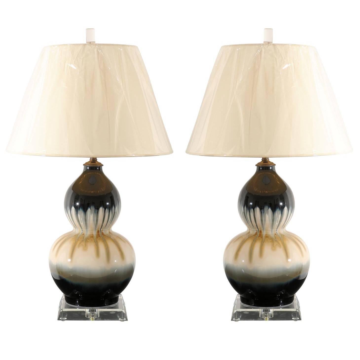 Elegant Pair of Drip Glaze Ceramic Double Gourd Lamps For Sale