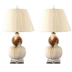 Exceptional Pair of Ceramic Double Gourd Lamps in Cream and Caramel