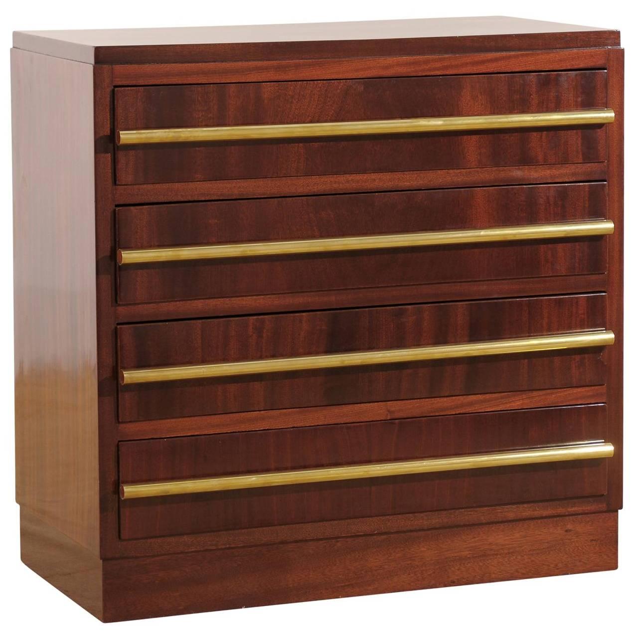 Signed Andre Sornay Chest in Ribbon Mahogany and Brass