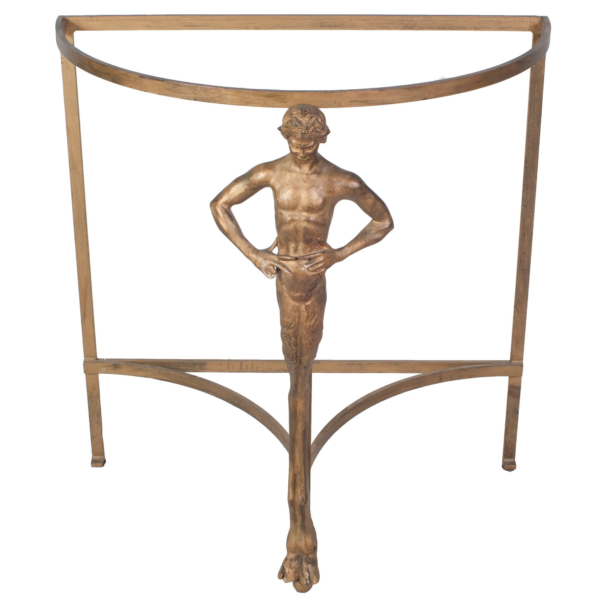 Metal Demilune Table with a Faun Leg and Glass Top