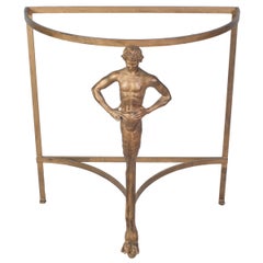 Metal Demilune Table with a Faun Leg and Glass Top