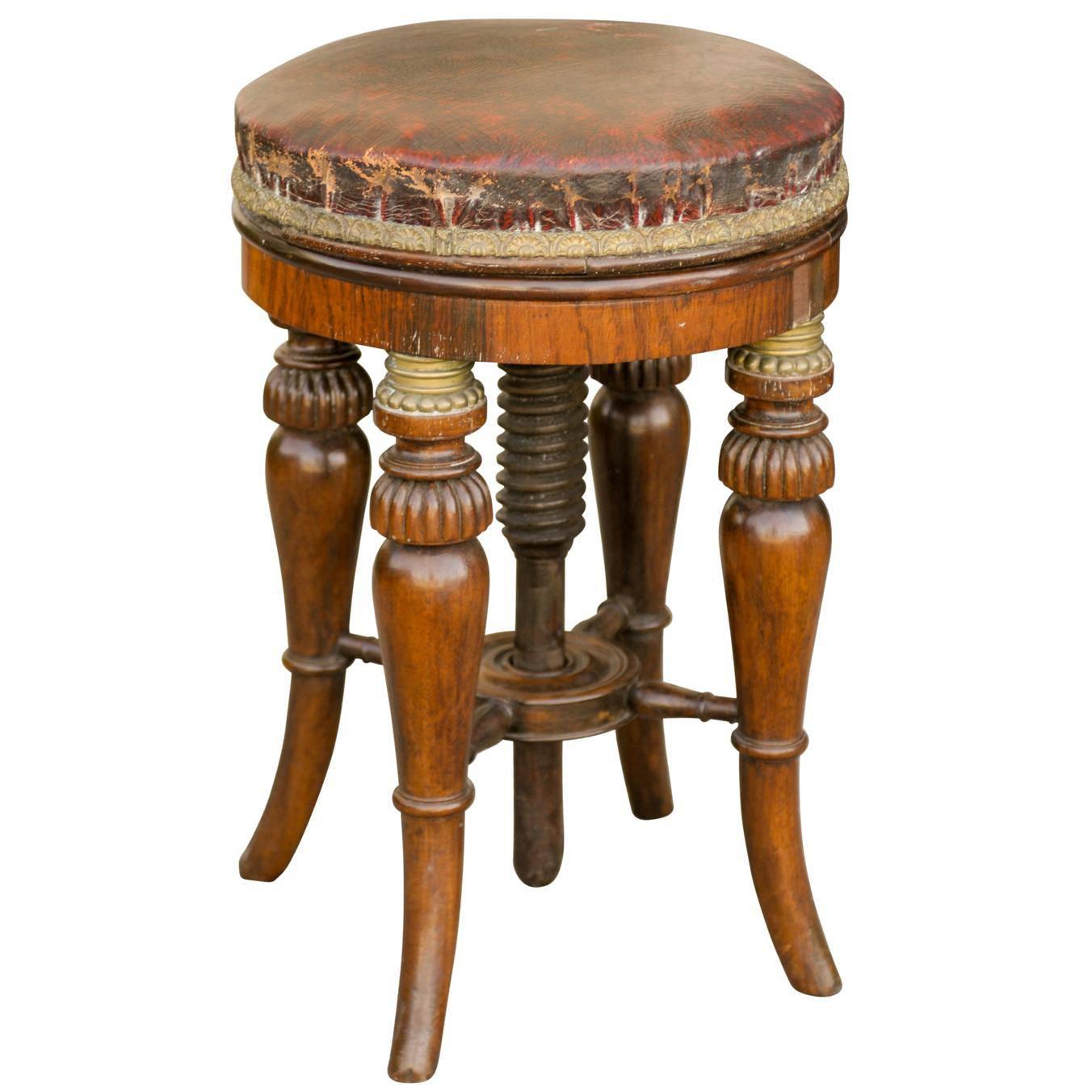 Round English Early 19th Century Regency Stool with Adjustable Red Leather Seat For Sale