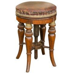 Round English Early 19th Century Regency Stool with Adjustable Red Leather Seat