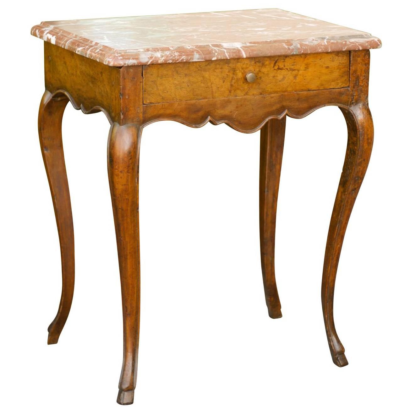 French Louis XV Style Side Table with Red Marble Top and Single Drawer