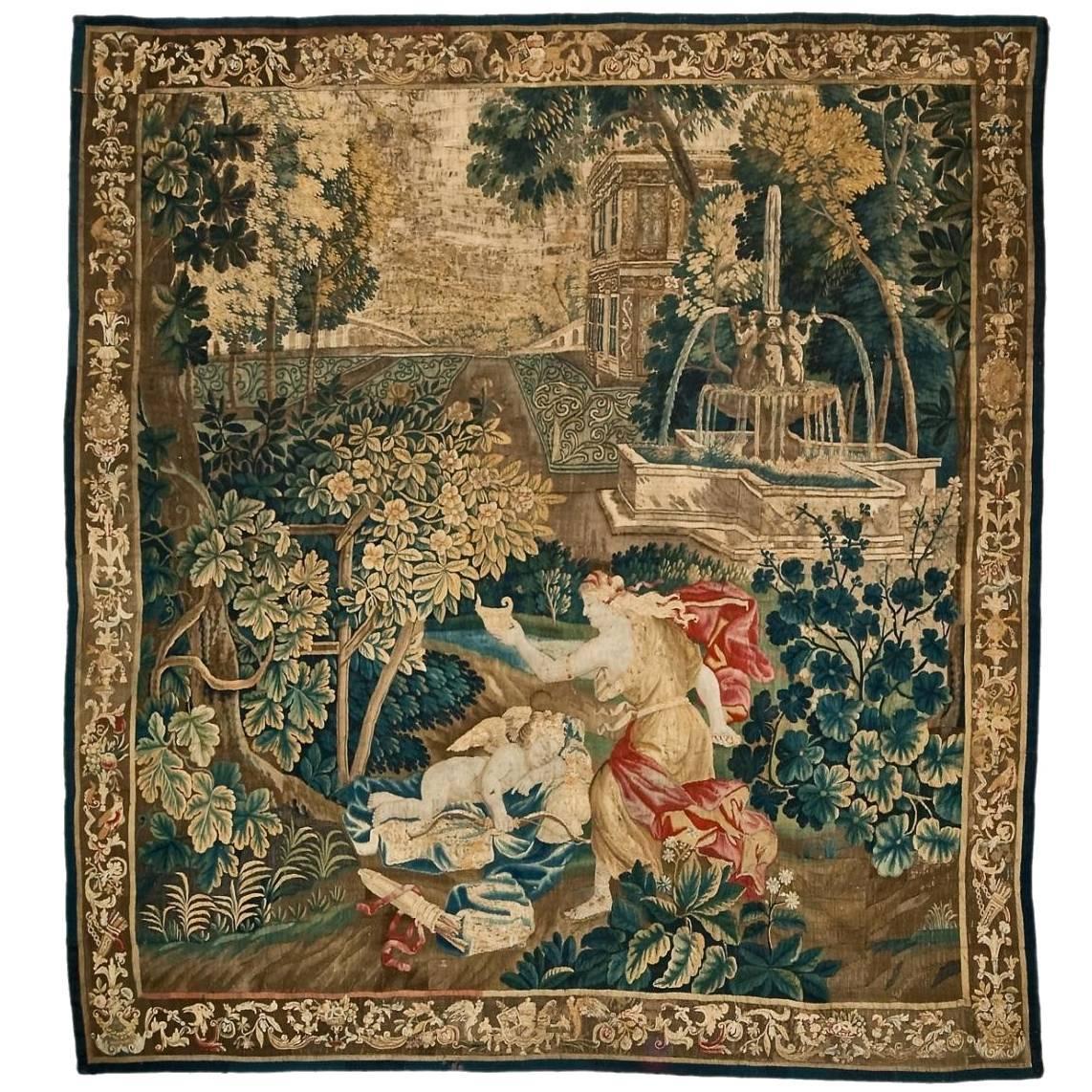 18th Century Flemish Silk and Wool Tapestry of Pysche and the Sleeping Cupid For Sale