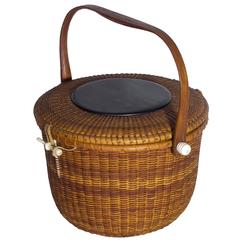 Unusual Round Covered Nantucket Basket Purse by Jose Formoso Reyes