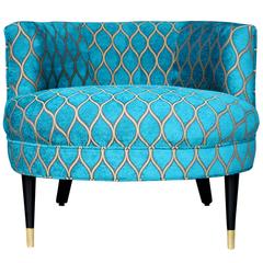 Mid-Century Barrel Back Armchair with Peacock Arabesque Upholstery