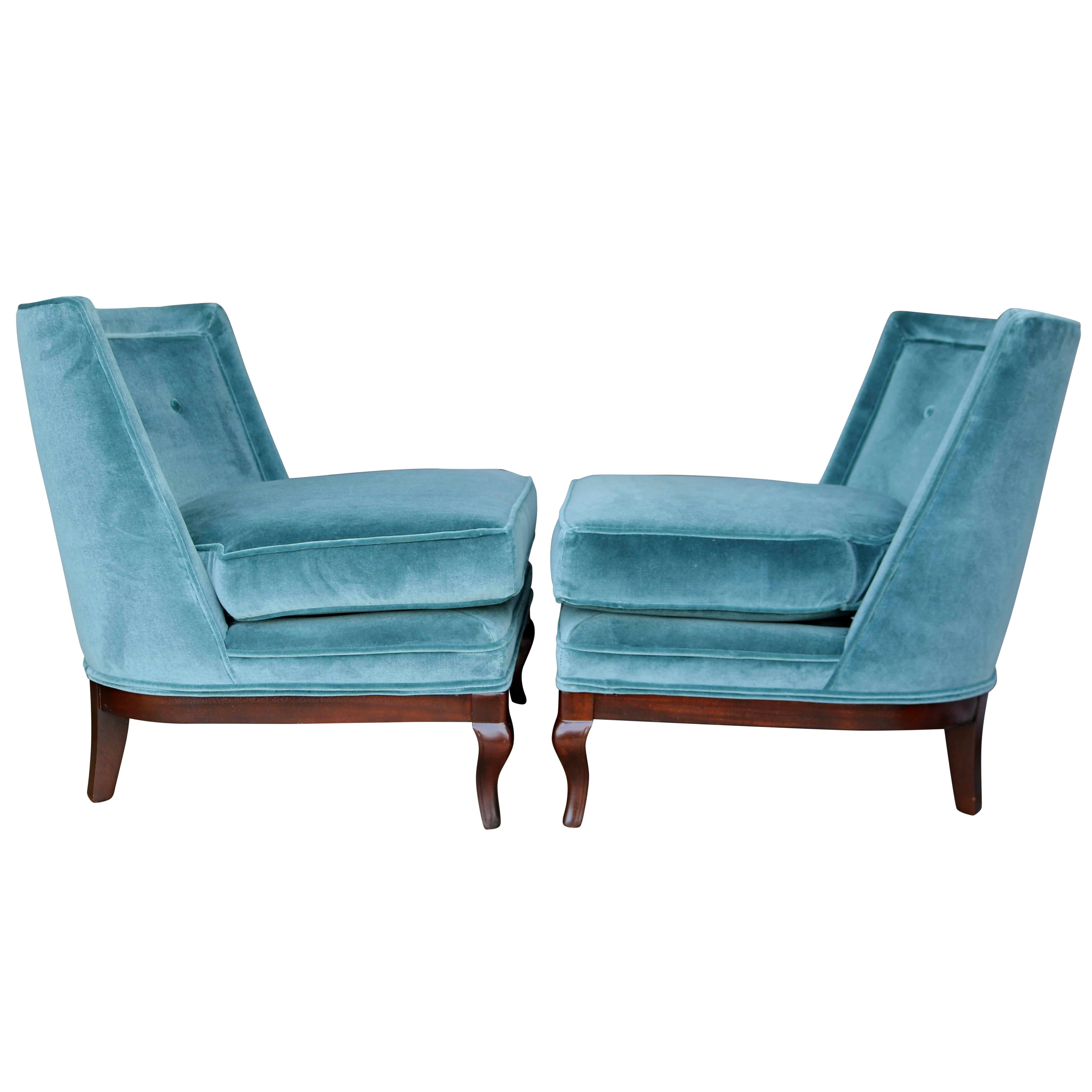 Pair of 1960s Blue Velvet and Walnut Slipper Chairs