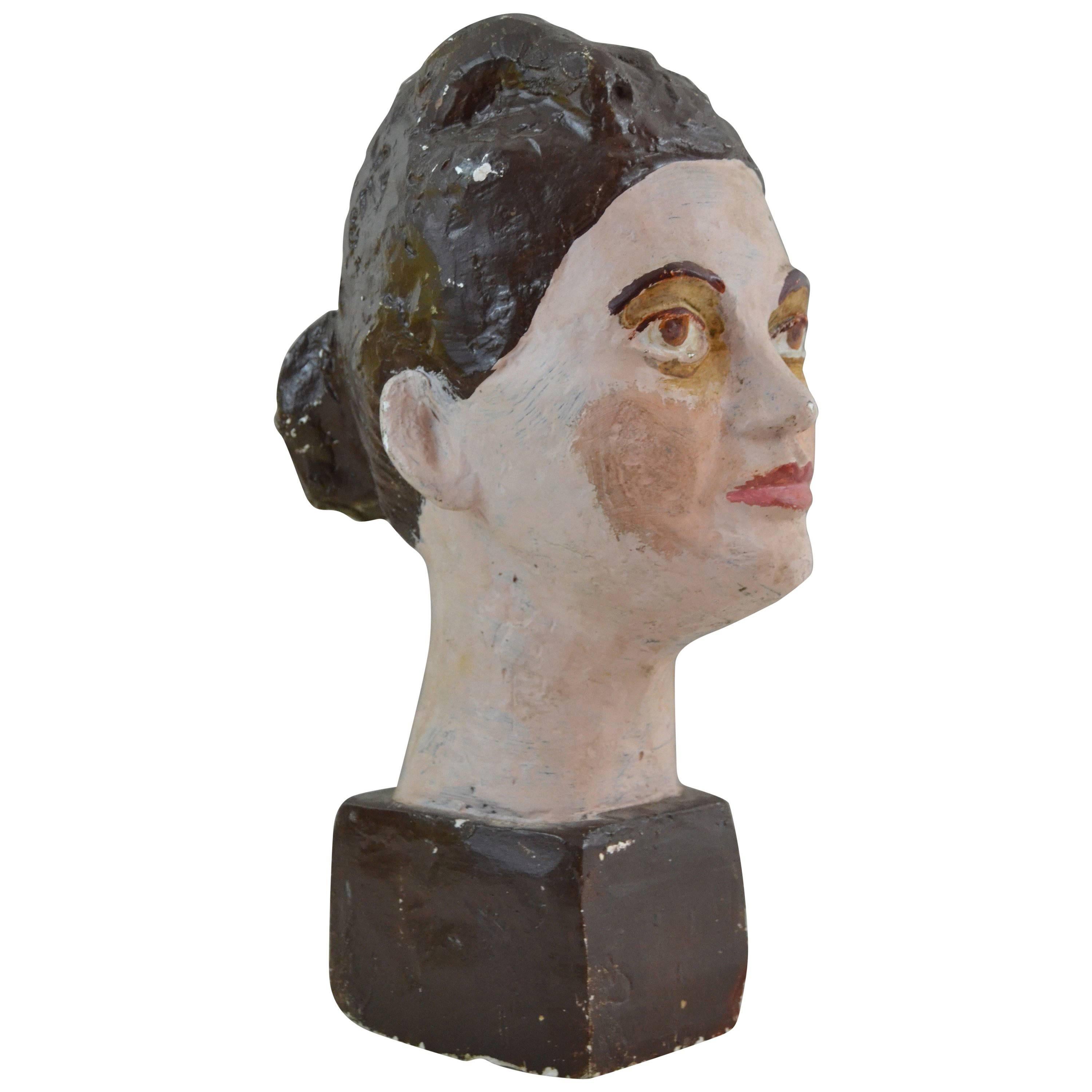 1920s Painted Plaster Sculptural Bust For Sale
