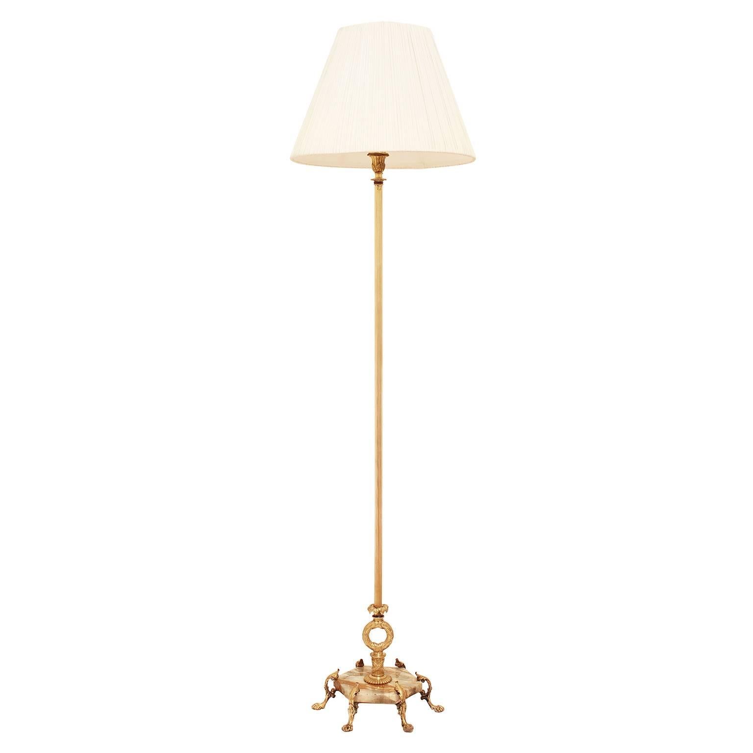 1920s French Claw Foot Brass Floor Lamp with Marble Base For Sale