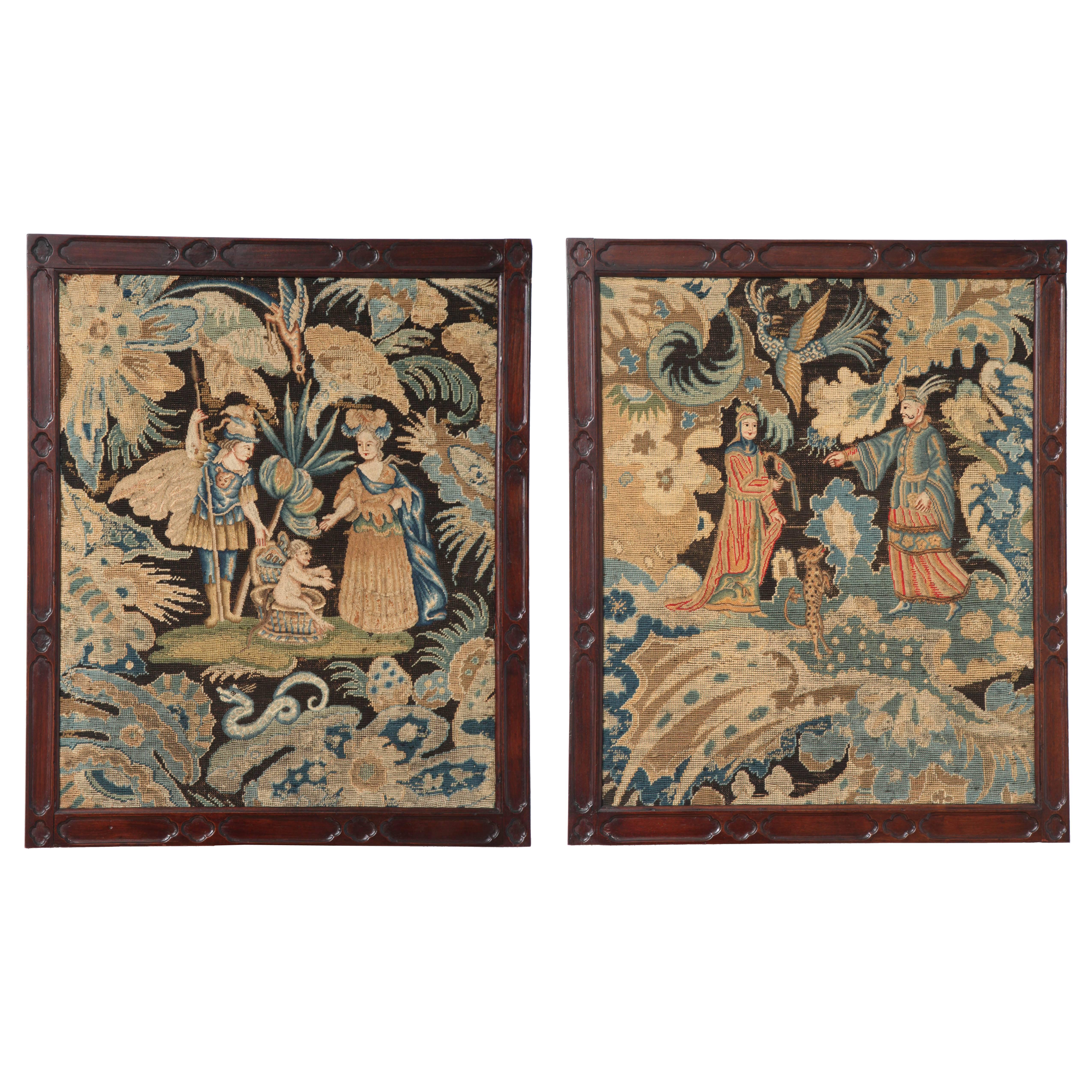 Pair of George II Needlework Panels Within Hand-Carved Mahogany Frames For Sale
