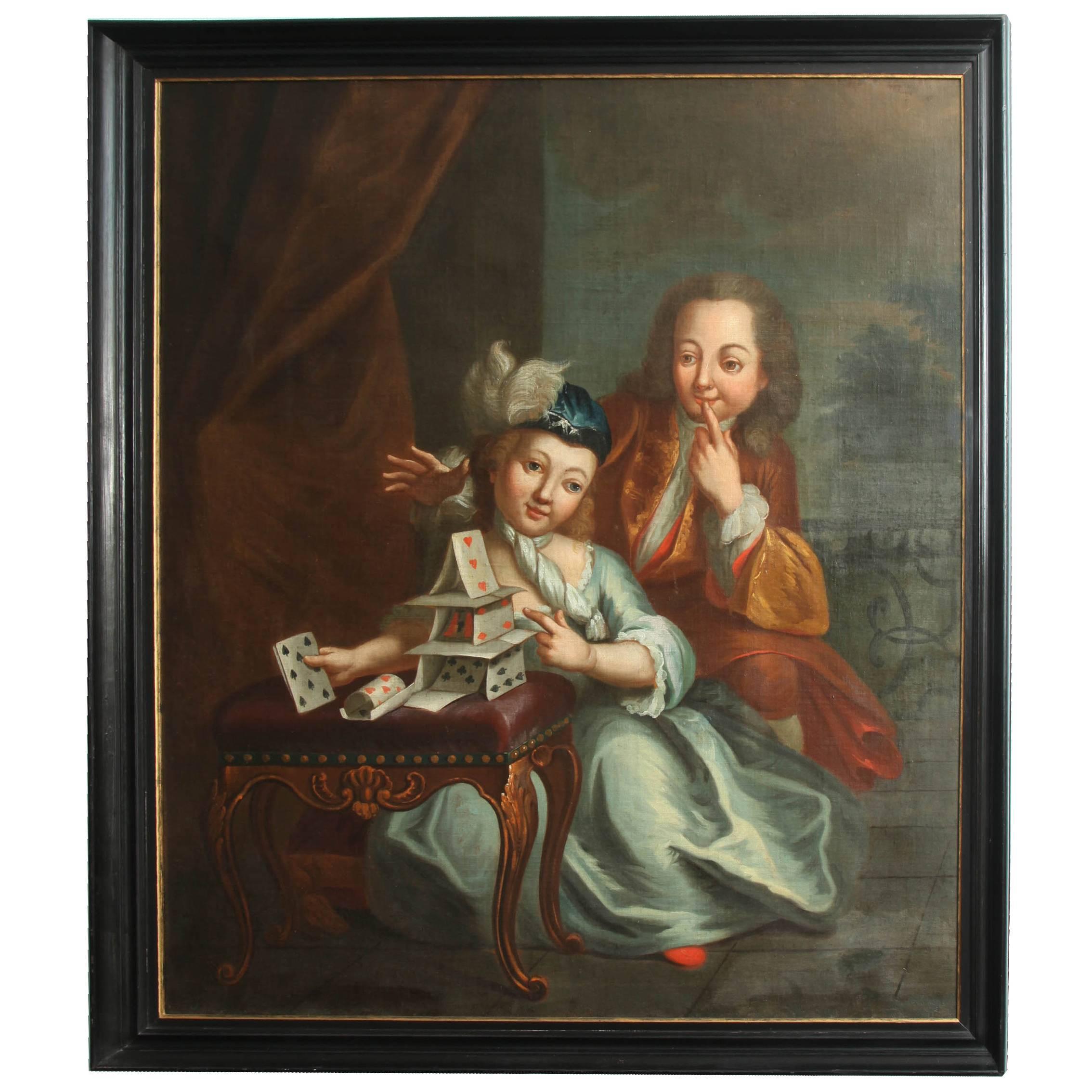 House of Cards Oil Painting, German, 18th Century  For Sale