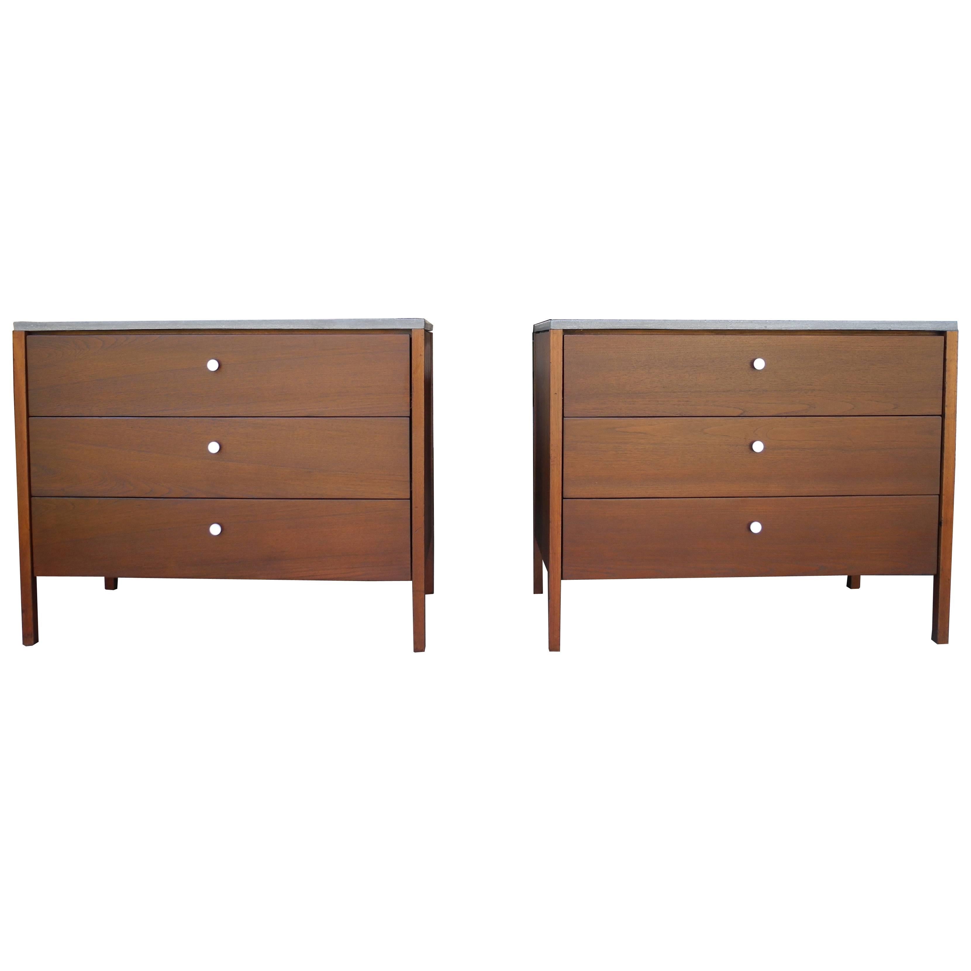 Walnut Dressers, Nightstands with Polished Concrete Tops by Florence Knoll  For Sale