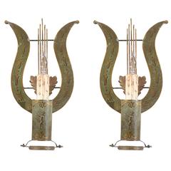 Pair of Painted Tole Sconces with Lyre Detail