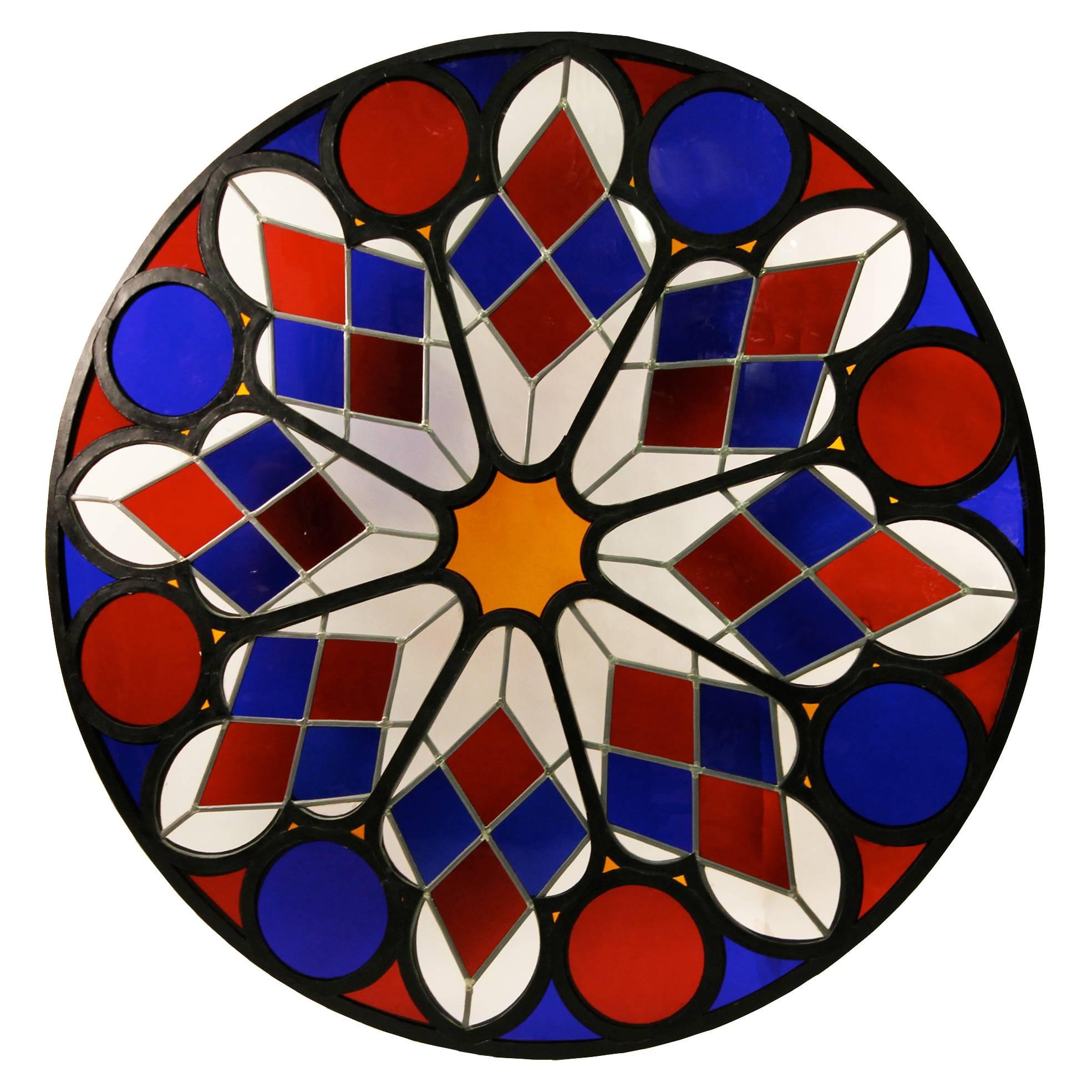 Rare Stained Glass Ceiling Rose, France 19th Century