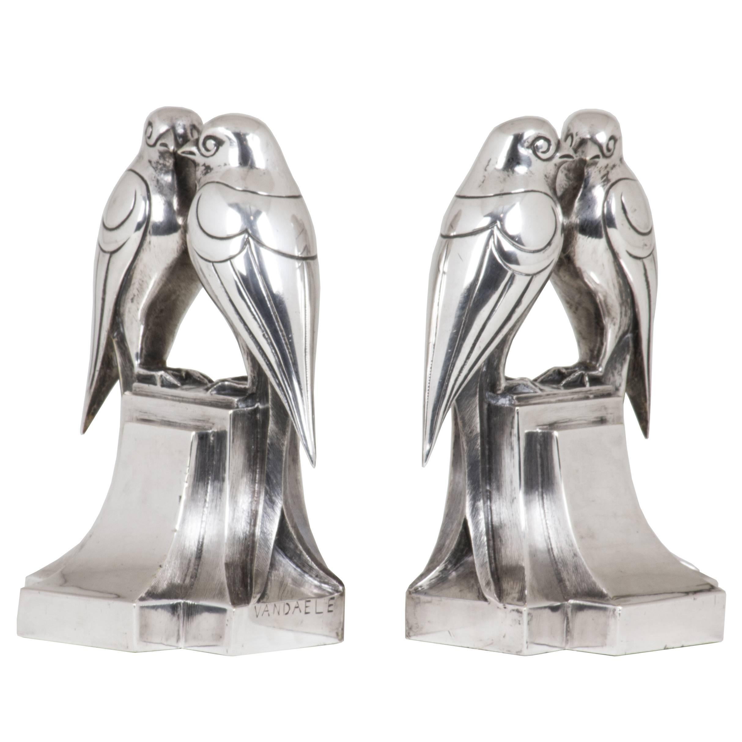 Pair of Art Deco Silvered Bronze Bookends by Vandaele For Sale