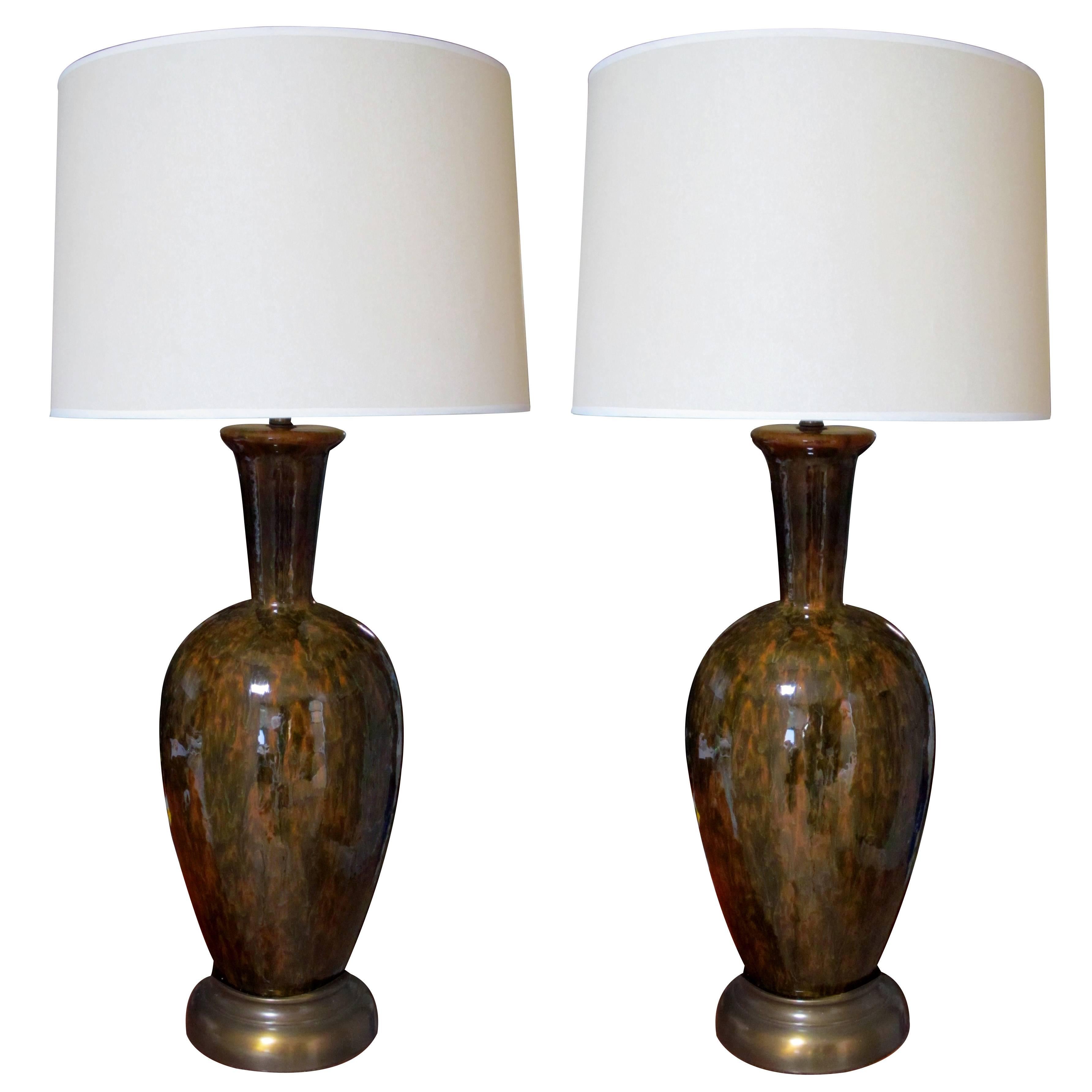 Large-Scaled Pair of American 1960s Forest-Green and Amber Drip Glazed Lamps