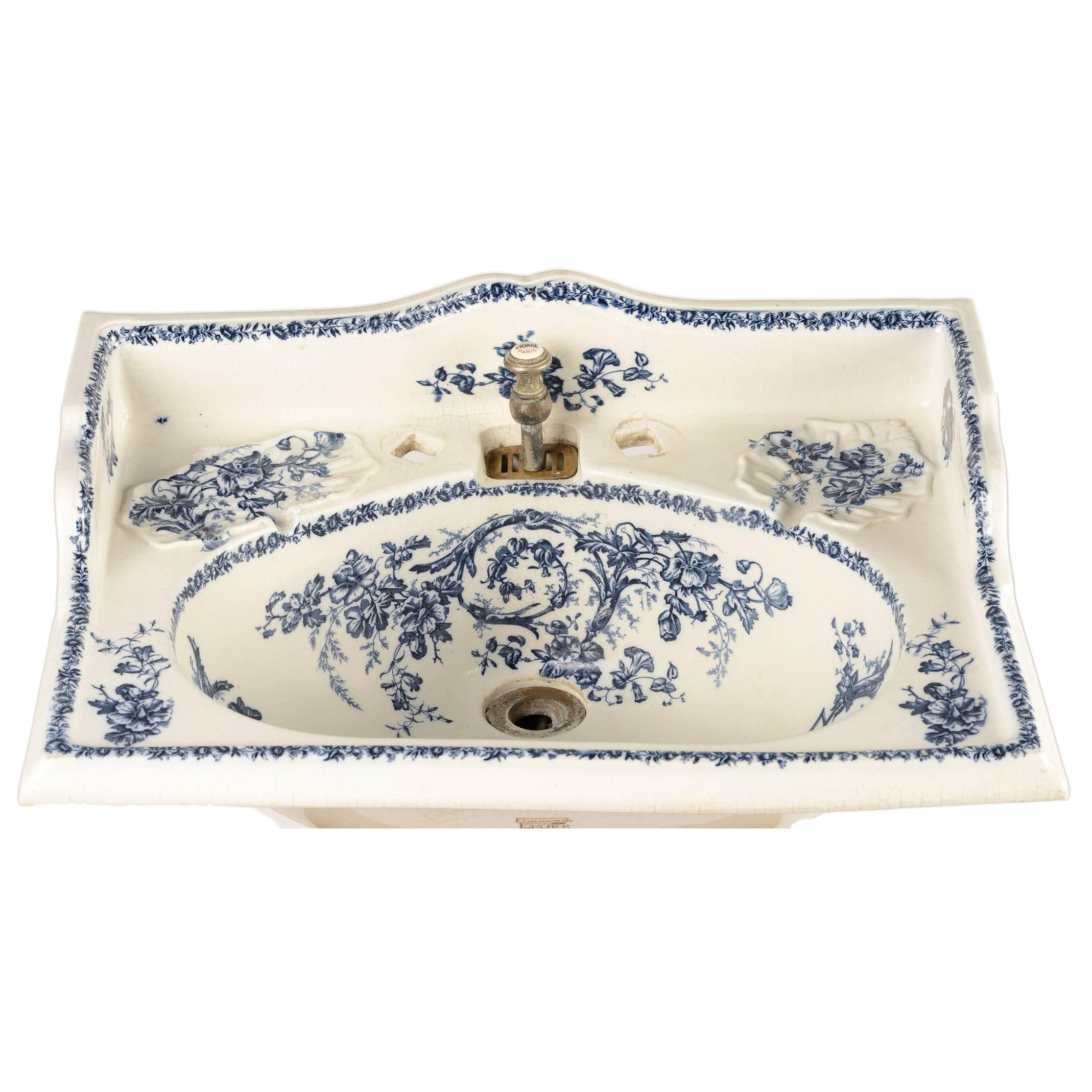 Decorative Sink Basin with Transfer Blue Floral Pattern