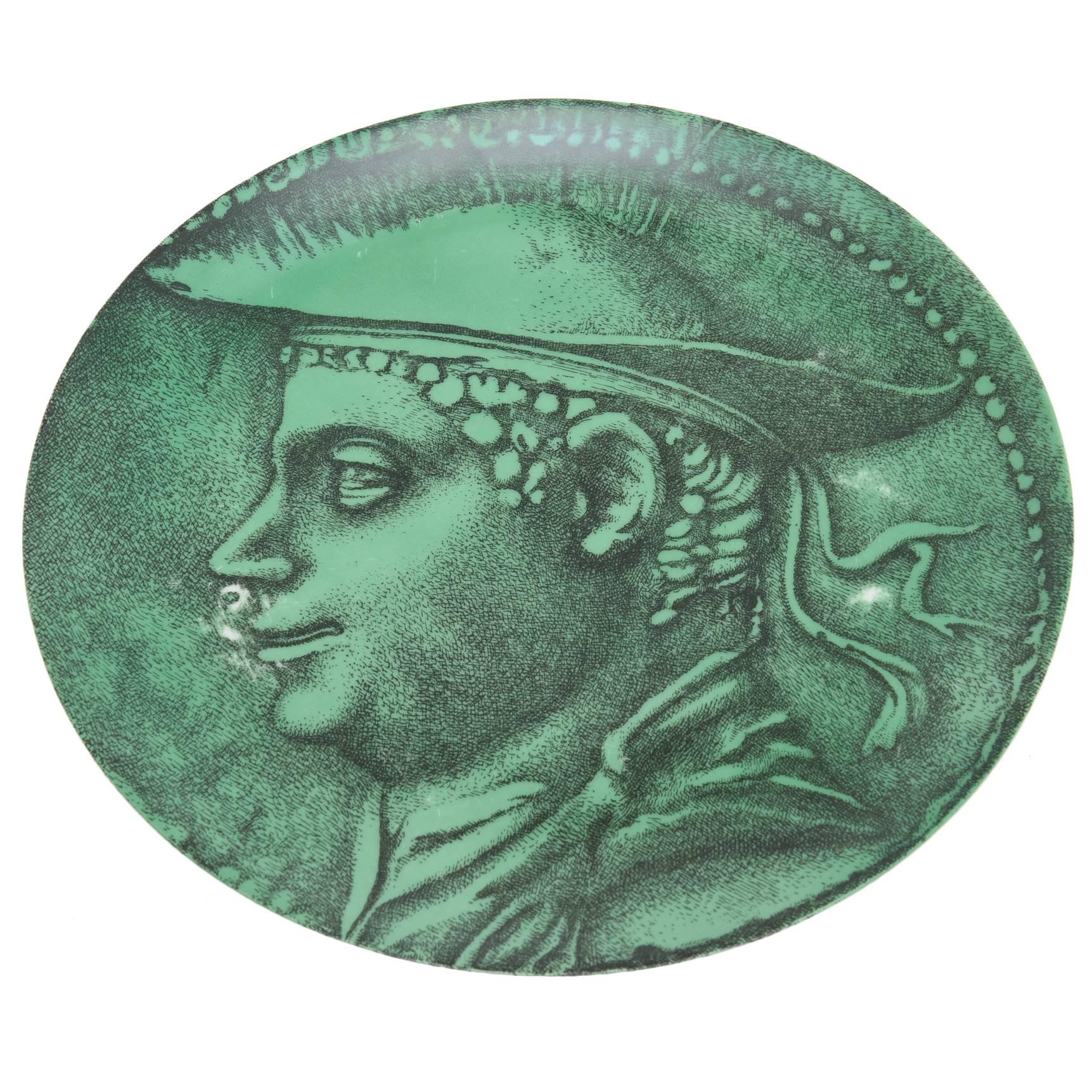 Piero Fornasetti "Nummus" Green Porcelain Plate Mid-Century Modern For Sale