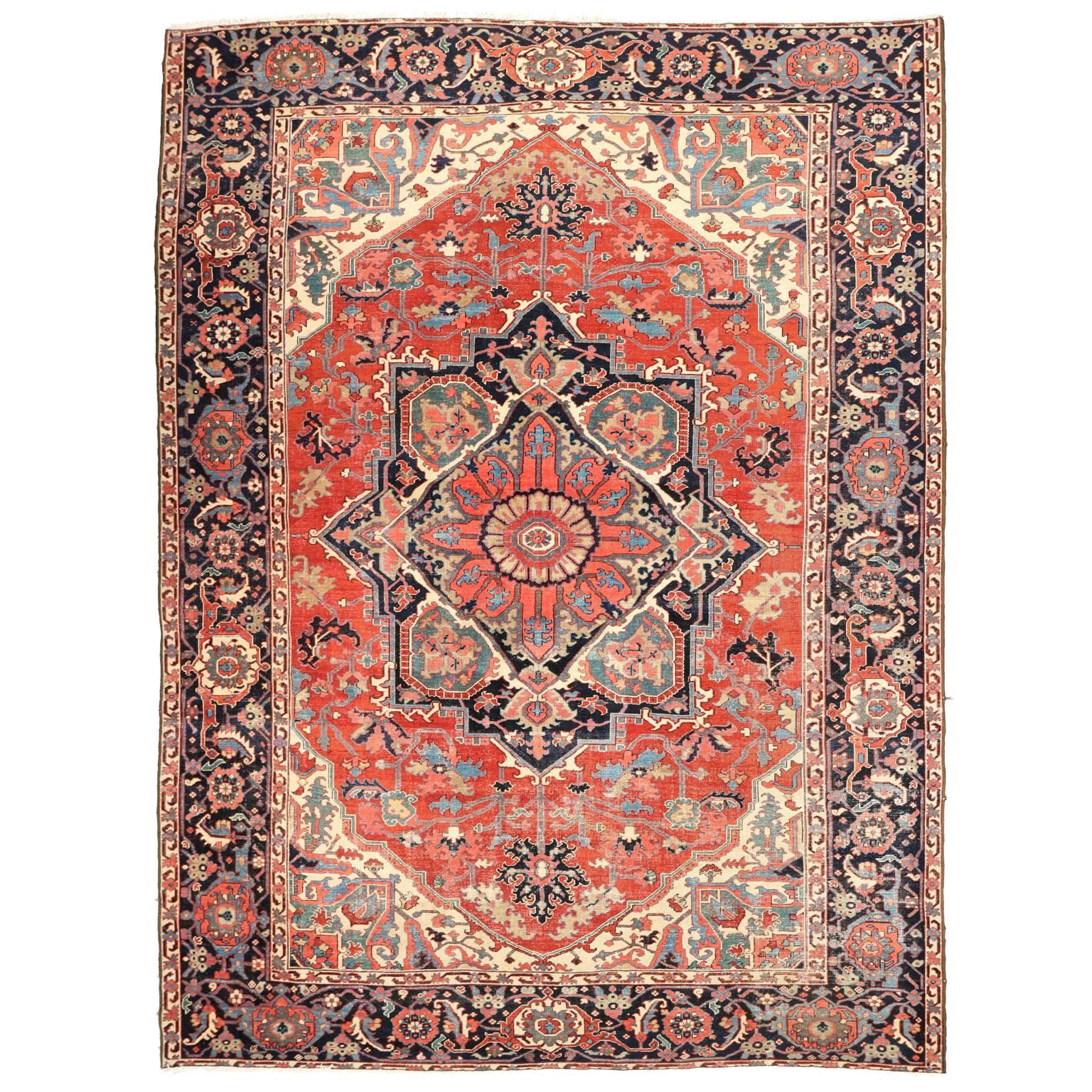 Fine Authentic Persian Antique Heriz Serapi Carpet Rug, circa 1910