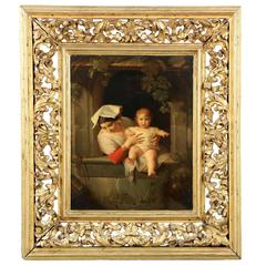 Antique Finely Detailed Romanesque Painting of Mother and Child, Italian, 19th Century