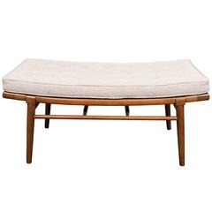 Midcentury Walnut Bench with Splay Seat and Beige Upholstery