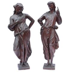 Pair of Statues, Wood Walnut, Late 17th Century, Ile de France, France