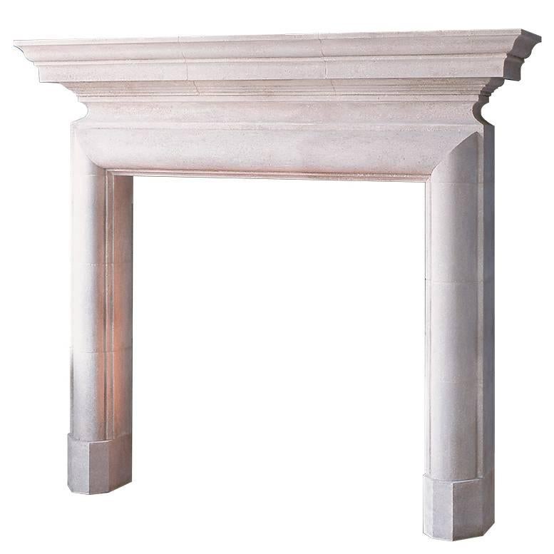 English Medieval Bolection Mantel with Corniced Shelf in Limestone