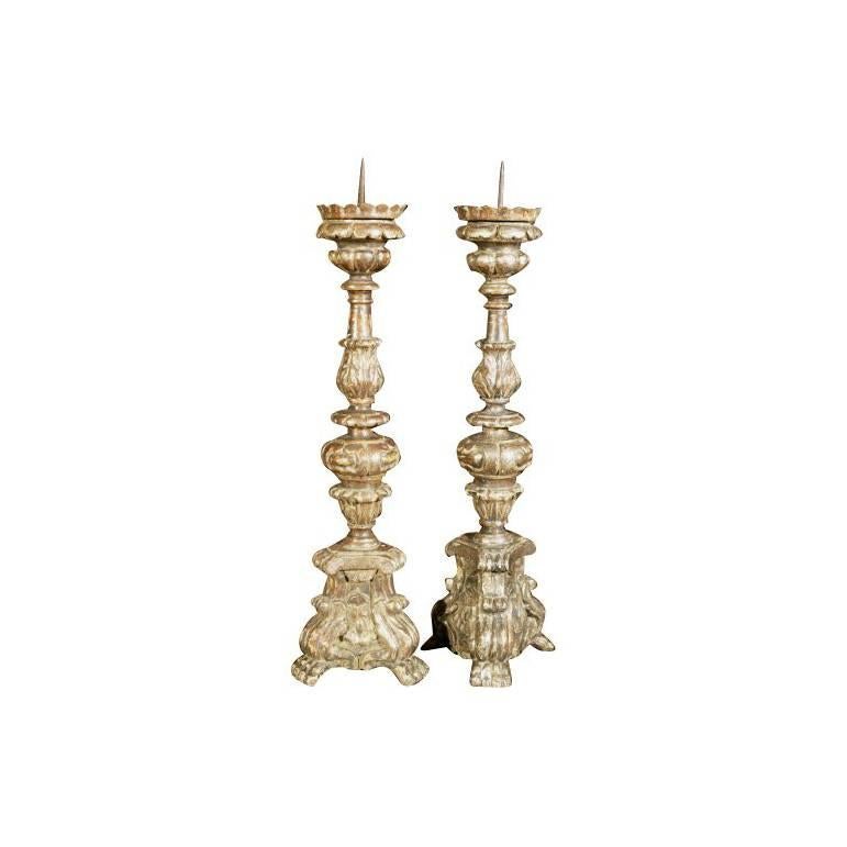 Pair of Large Gilded Candlepricks For Sale