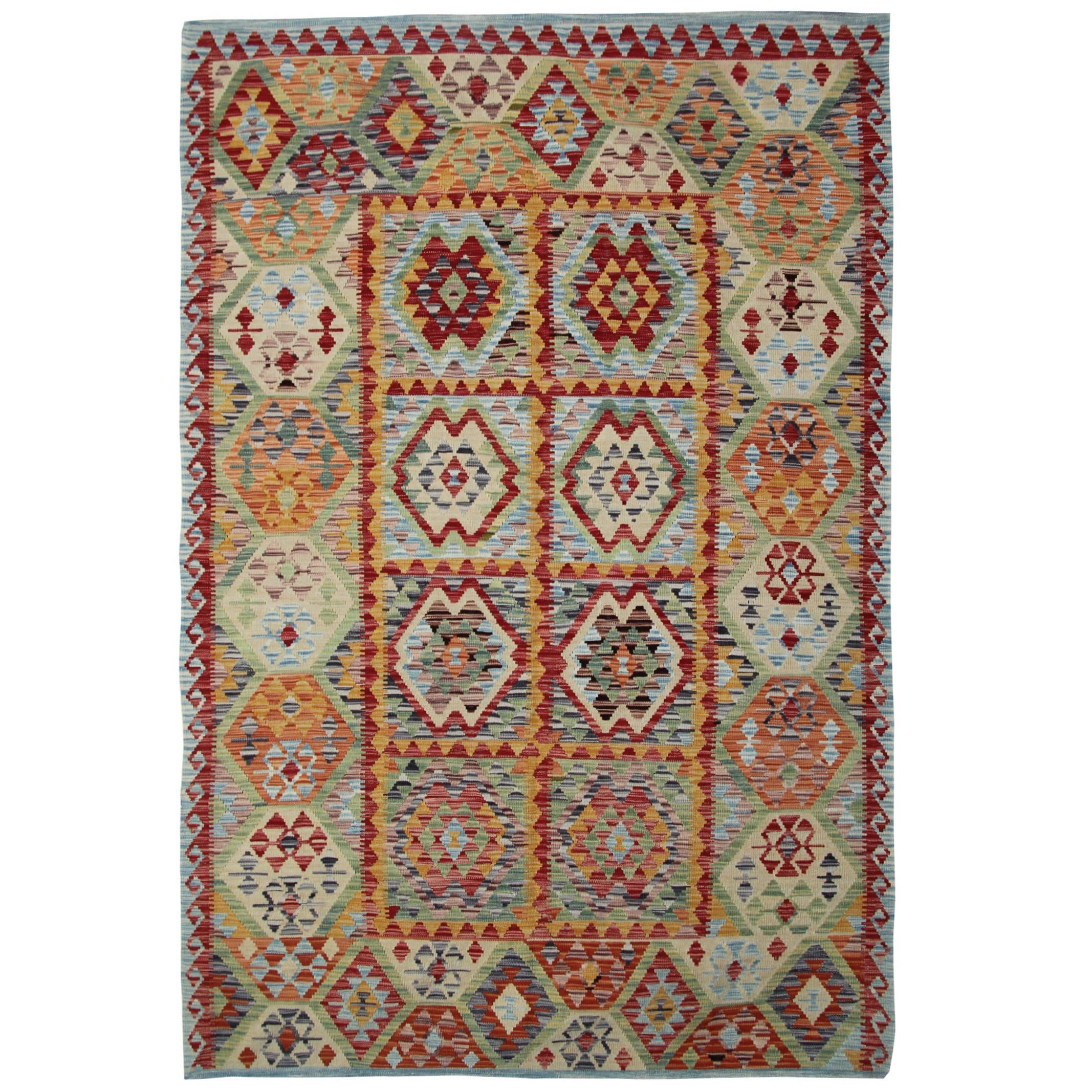 Afghan Kilim Rugs with Light Green and Deep Red