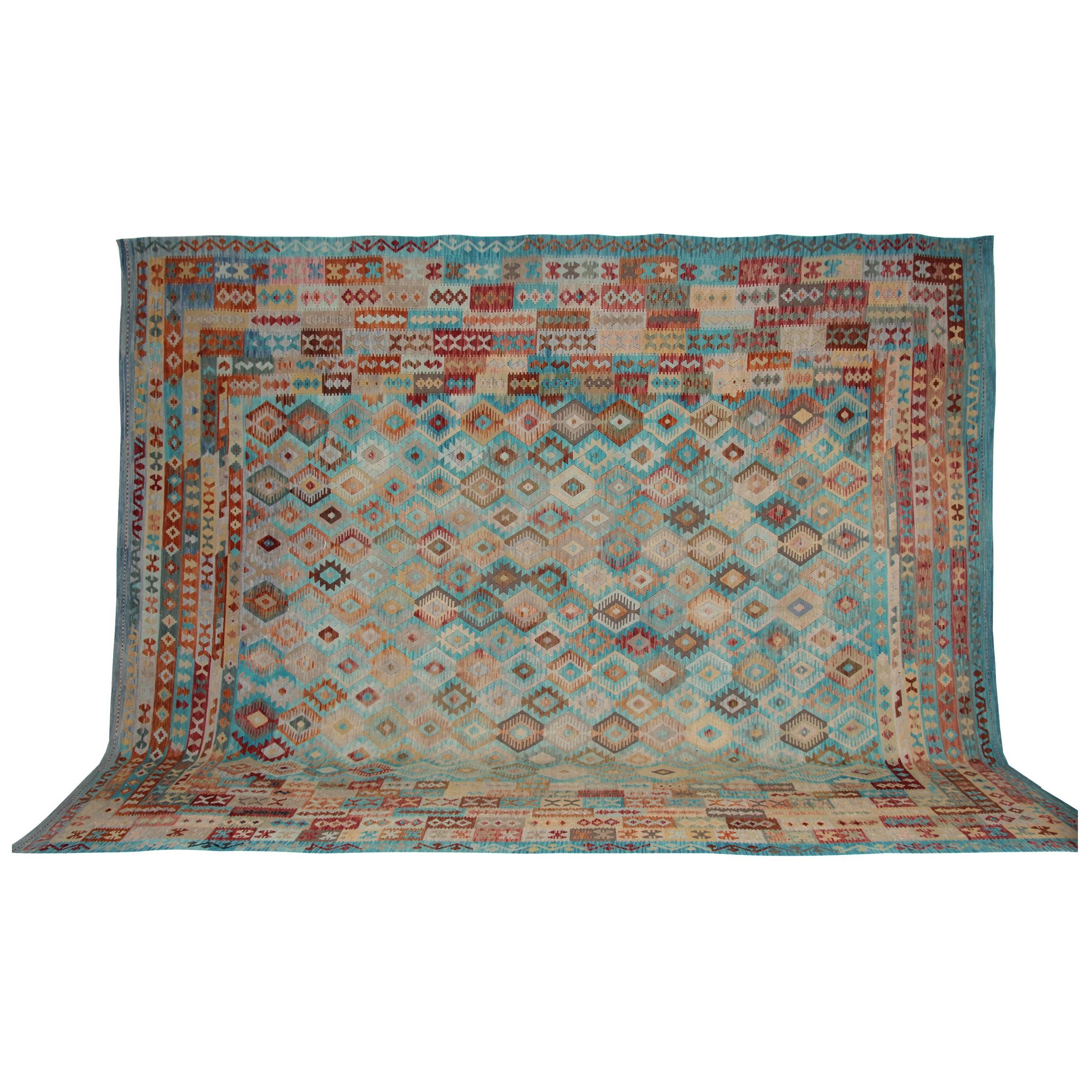 Afghan Rugs, Kilim Rugs with salmon and tourquise blue colors