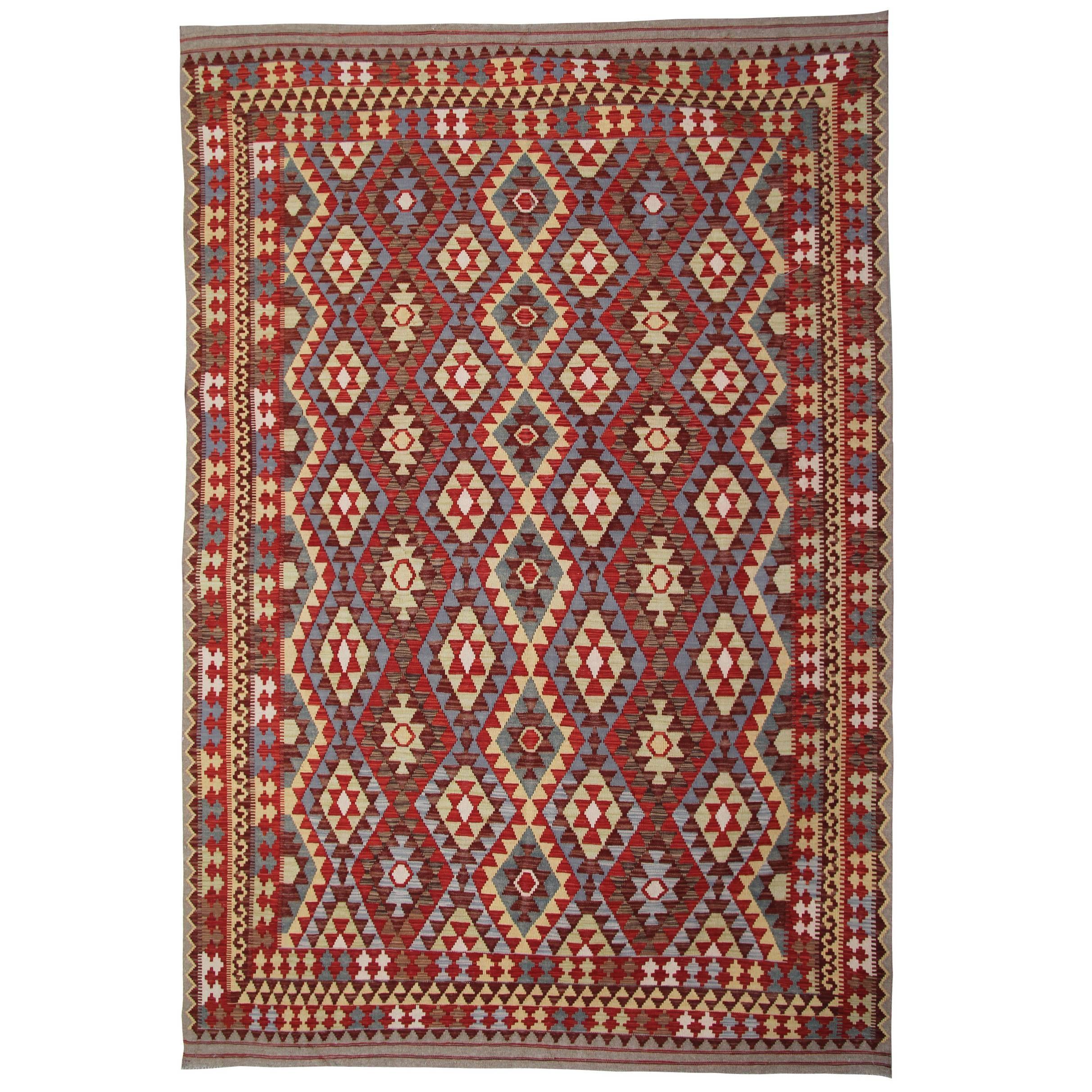 Afghan Kilim Rugs, Patterned Rug in Ivory, Red Rug Color