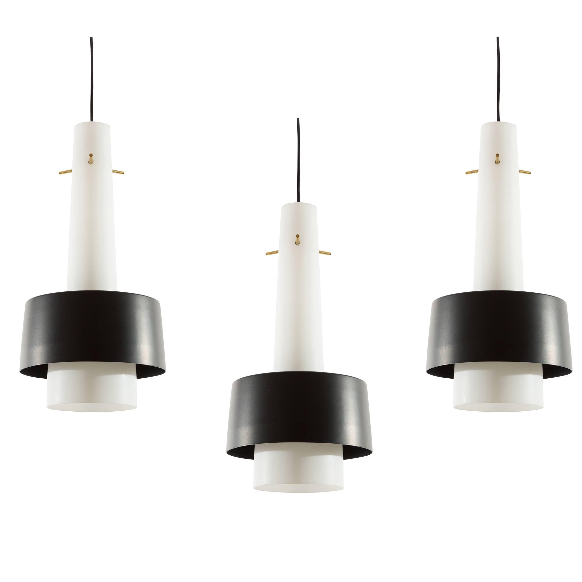 Three Kalmar 'Barett' Pendant Lights, Opal Glass Black Metal, 1960s