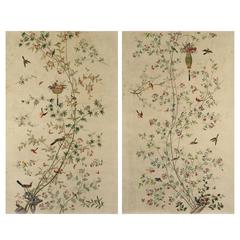 Pair of Chinoiserie Hand-Painted Paper Panels, Watercolour on Paper