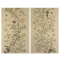 Pair of Chinoiserie Hand-Painted Paper Panels, Watercolour on Paper