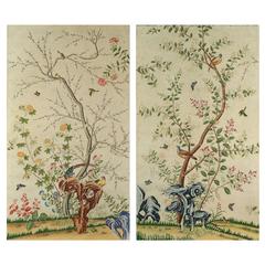 Pair of Chinoiserie hand-painted paper panels - water-colour on paper