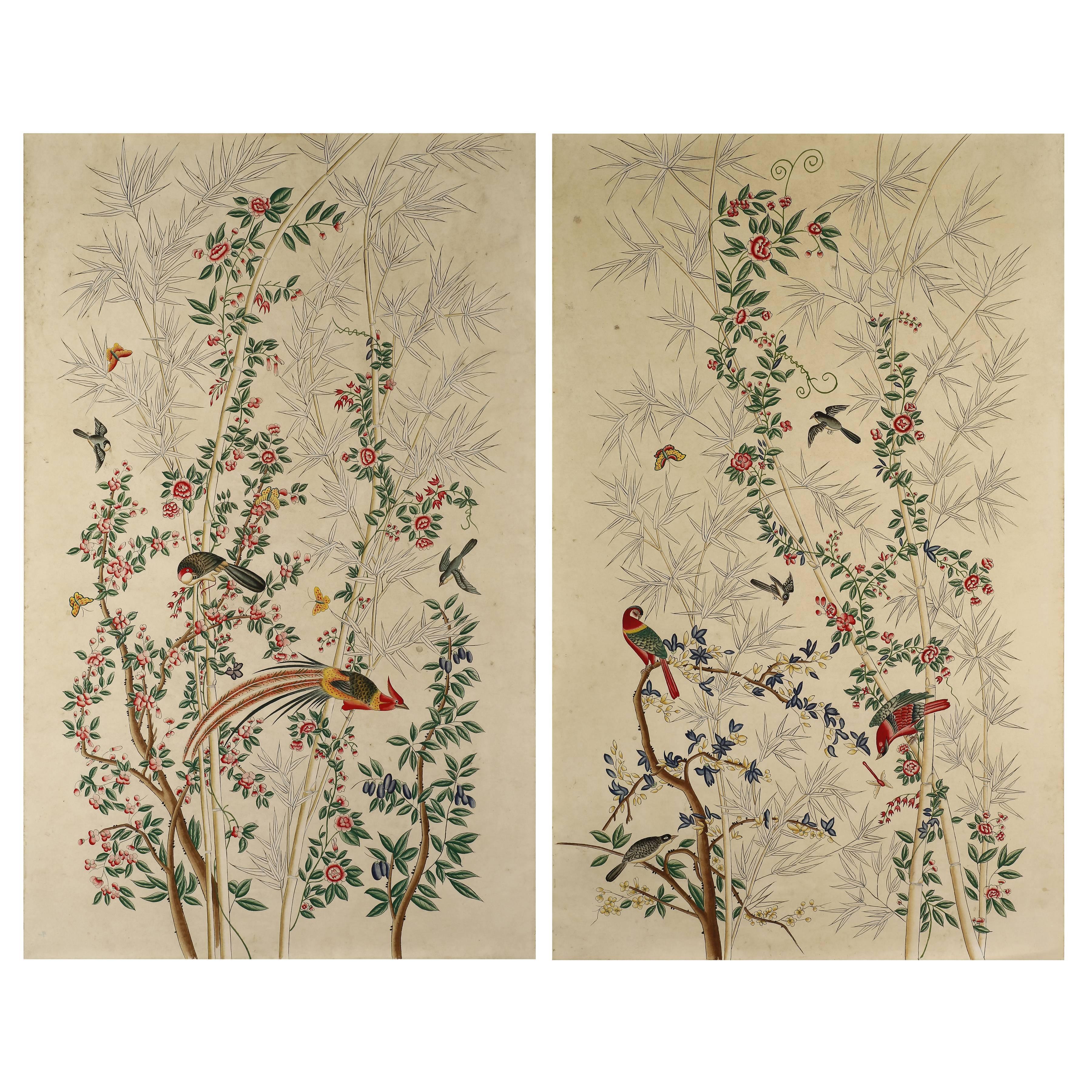 Pair of Chinoiserie Hand-Painted Paper Panels, Watercolour on Paper