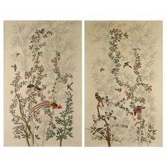 Pair of Chinoiserie Hand-Painted Paper Panels, Watercolour on Paper