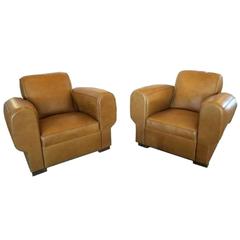 Pair of 1930s French Art Deco Leather Club Chairs