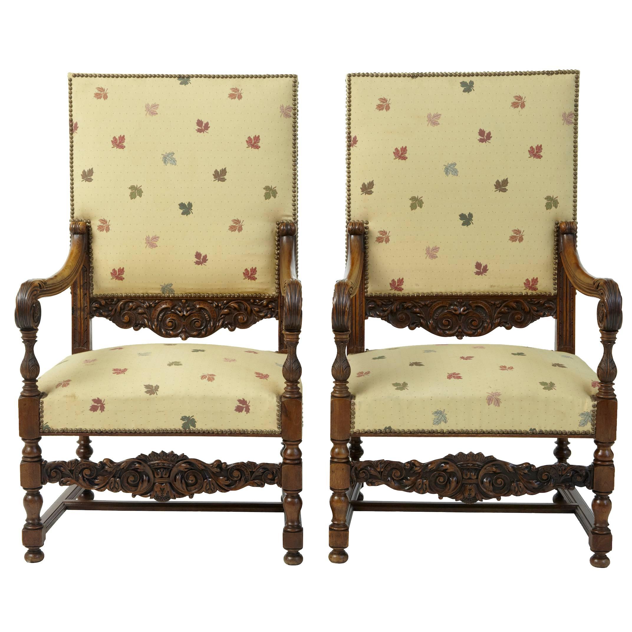 19th Century French Large Carved Walnut Armchairs