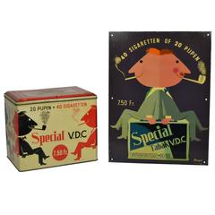 1950s Tobacco Advertising Sign and Tin Box Cigarettes and Pipes