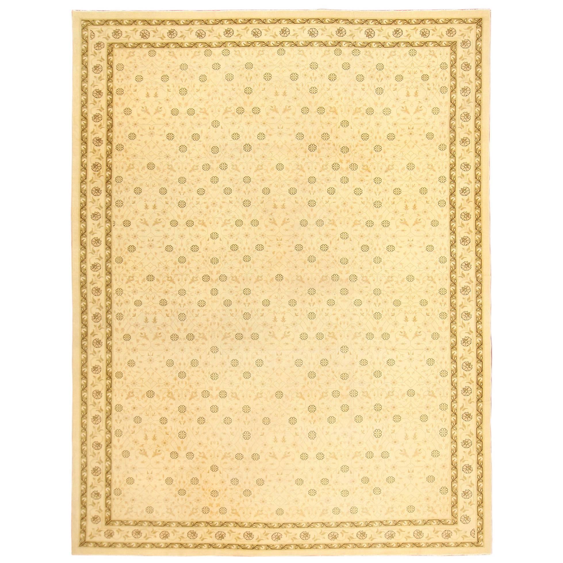Decorative Ivory and Green Vintage Spanish Rug