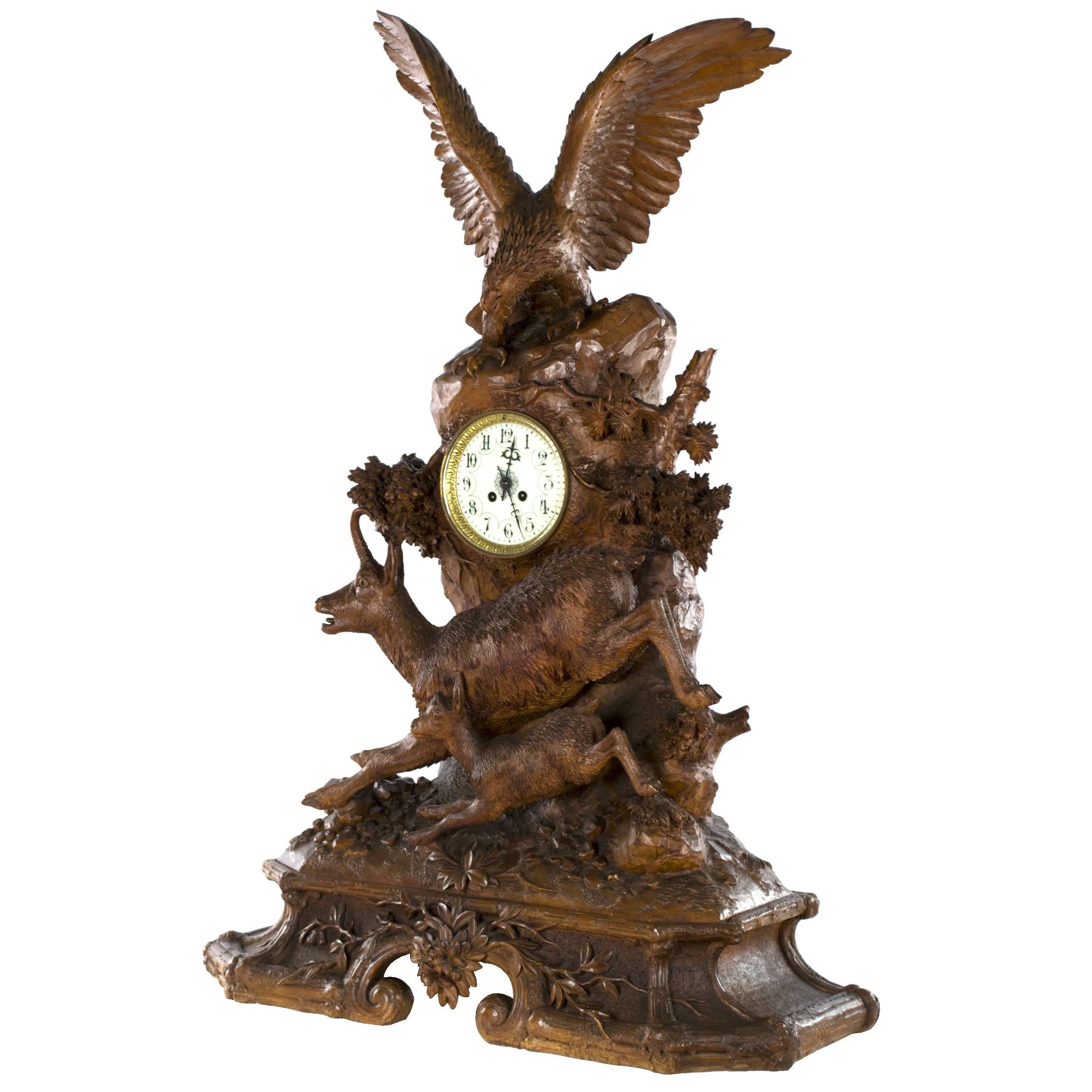 Monumental Black Forest Mantel Clock with Eagle and Chamoise